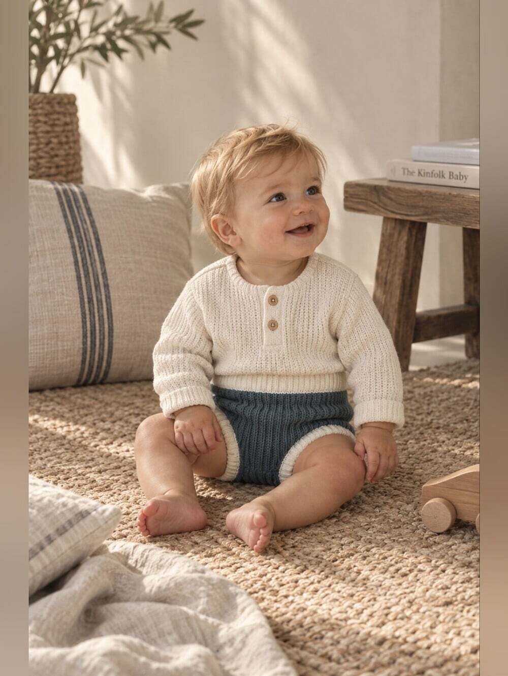 Knit Ribbed Baby Bloomers in Slate Blue & Cream